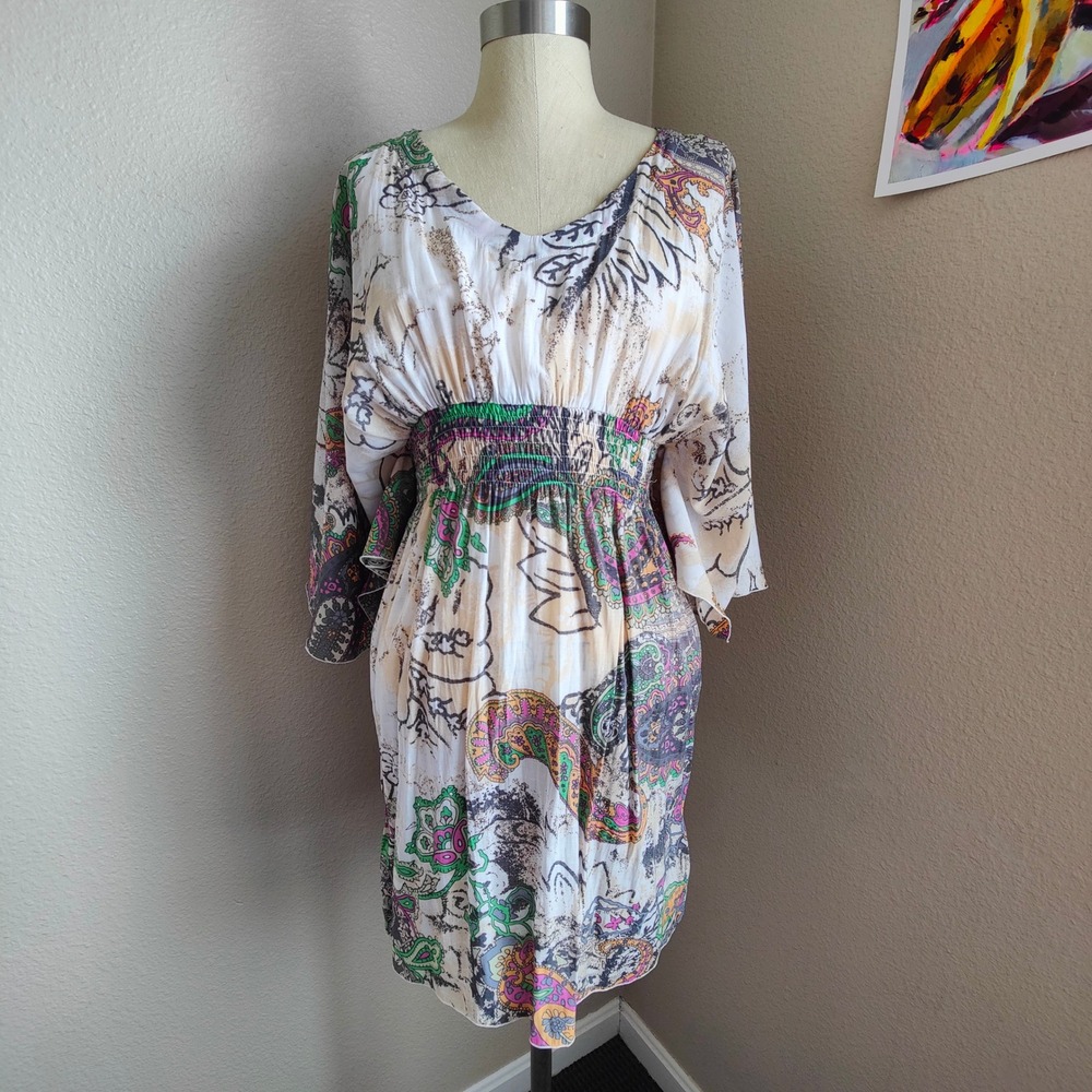Y2K Paisley Floral Boho Mini Dress Kimono Sleeve Shirred Beach Festival Hippie L
